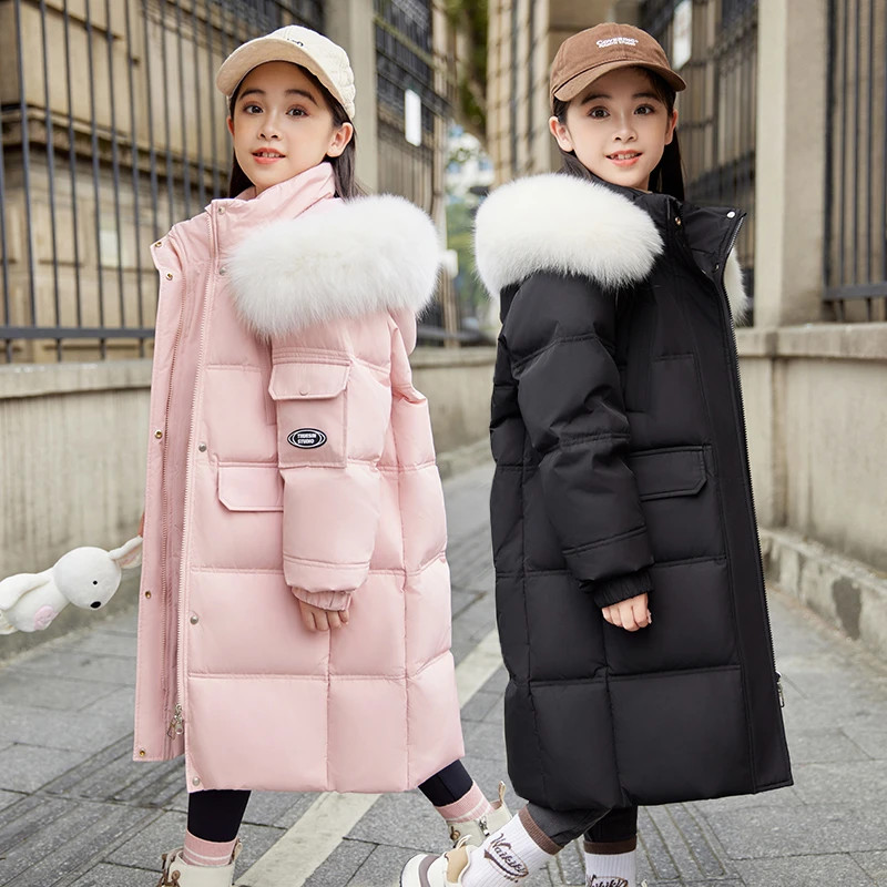 女童羽绒服2024新款洋气中大童加厚中长款过膝休闲羽绒丝冬装外套