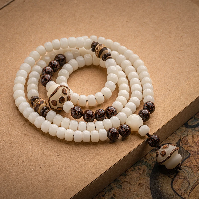 天然白菩提根108颗国风念珠项链菩提子雕蘑菇男女士文玩手串 p225