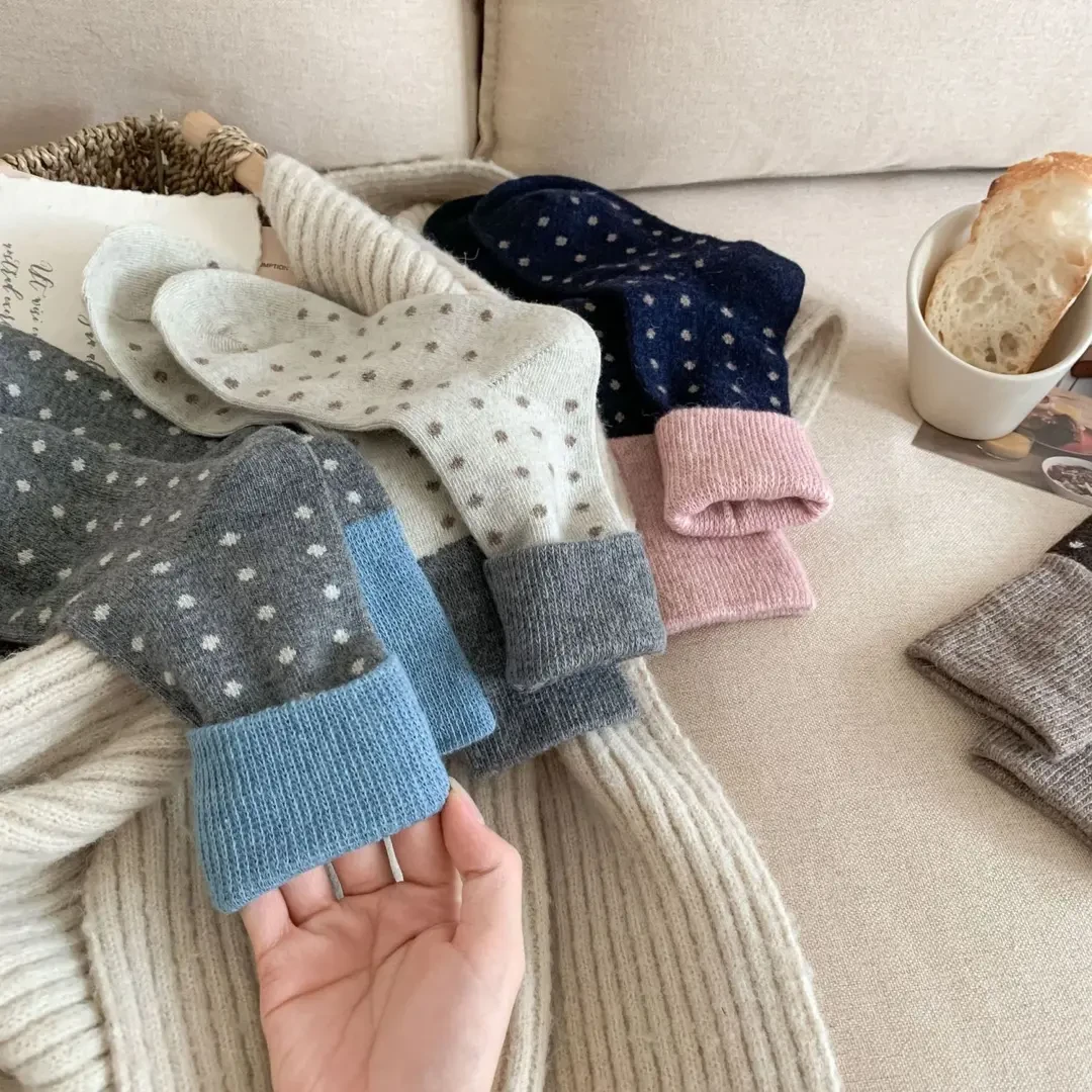 秋冬加厚保暖羊毛拼色小波点袜撞色中筒堆堆袜子女日系复古系列11