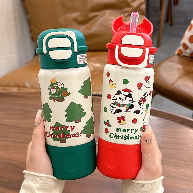 儿童保温杯圣诞节礼物杯子男女孩可爱双饮水杯学生上学专用吸管杯