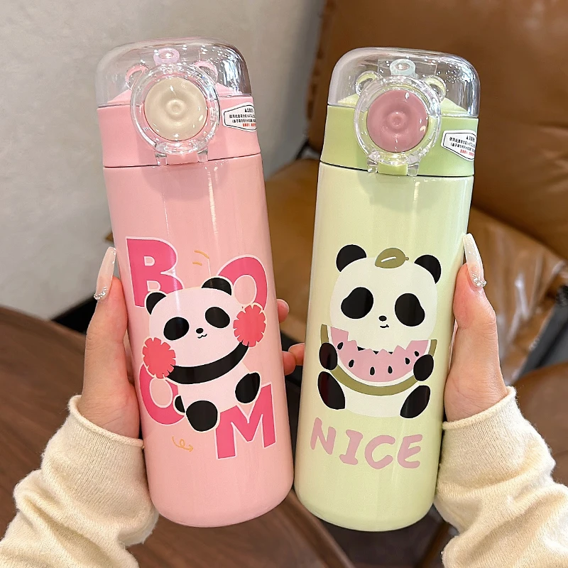 可爱熊猫儿童保温杯女孩上学专用水杯便携男孩吸管杯可放书包侧面