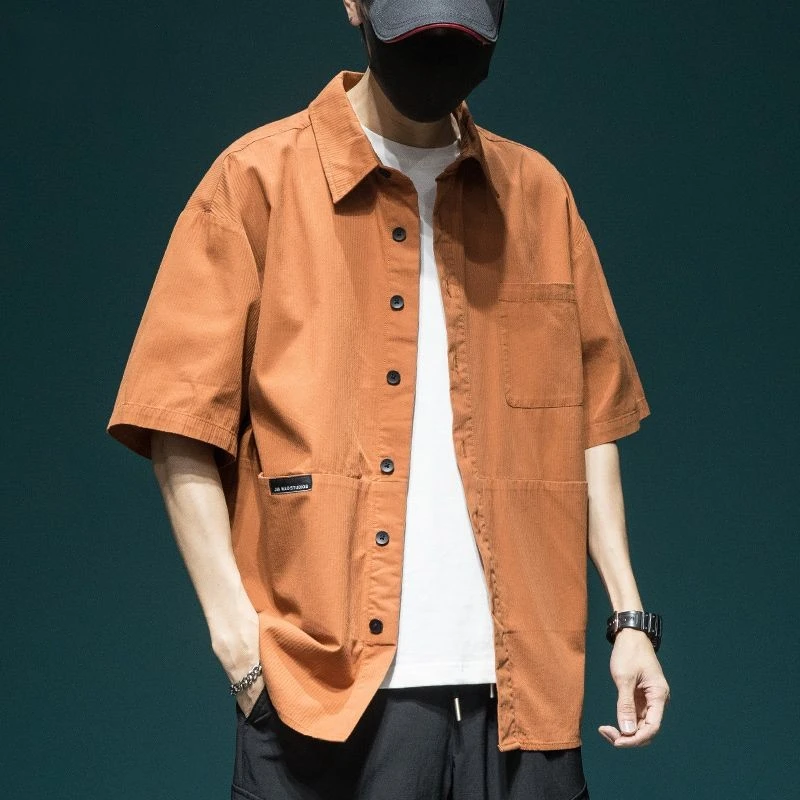 日系潮牌短袖衬衫男士夏季宽松大码工装衬衣潮流百搭半袖开衫外套