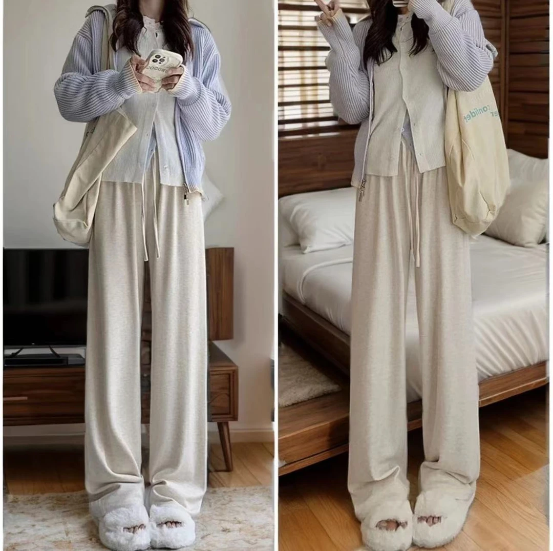 SHAN糯米裤女秋冬中腰垂感慵懒休闲百搭直筒裤窄版软糯阔腿裤子