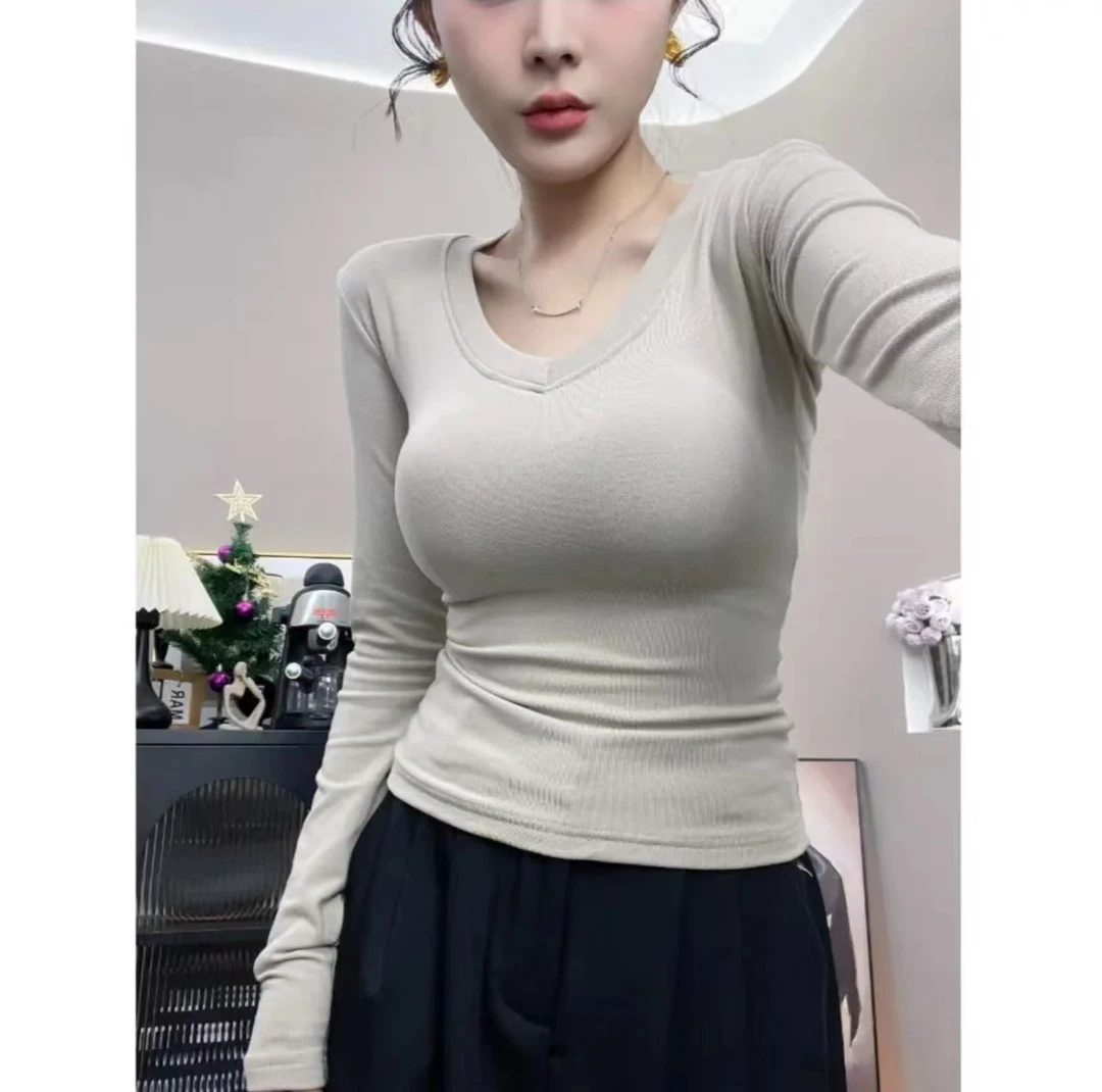 珊珊纯欲不规则设计感新款加绒V领长袖T恤女修身显瘦上衣