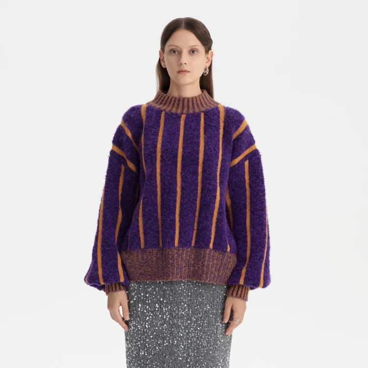 Miss Libra落肩款撞色条纹半高领针织毛衣（现货）