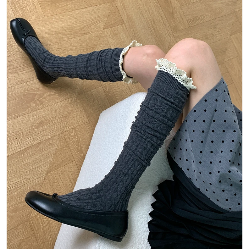 秋冬加厚麻花竖条纹堆堆袜子棉蕾丝花边小腿袜显瘦灰色过膝高筒袜