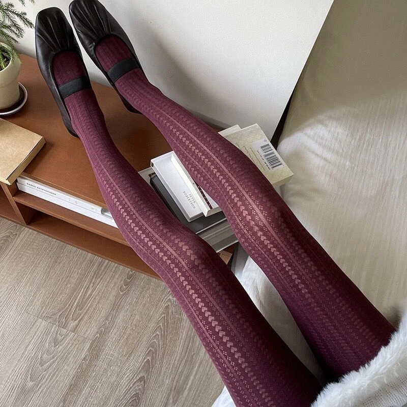 酒红色复古爱心提花丝袜春秋薄款竖条纹显瘦连裤袜灰色显瘦打底袜