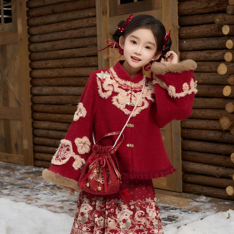 十三余童装[小龙献瑞]中国风秋冬加厚汉元素拜年服红色套装