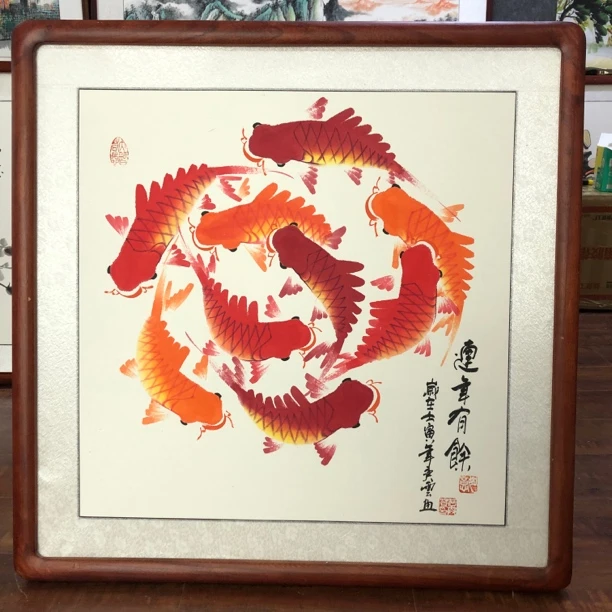 【手绘国画】带框发货年年有余九鱼图斗方餐厅客厅玄关书房茶室