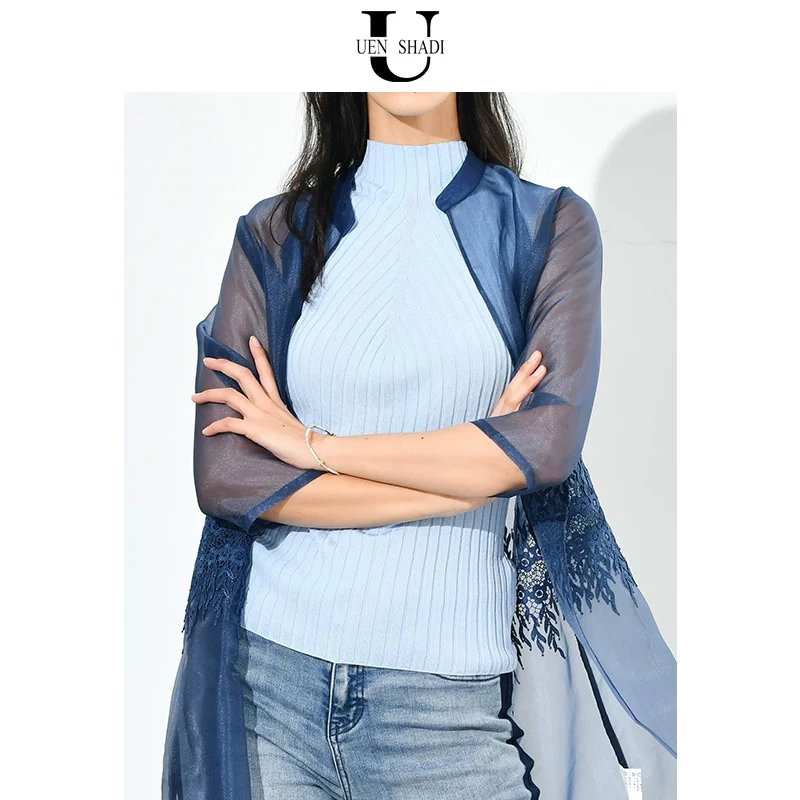 uenshadi温莎蒂夏季新款品牌女装时尚蓝色宽松网纱开衫上衣