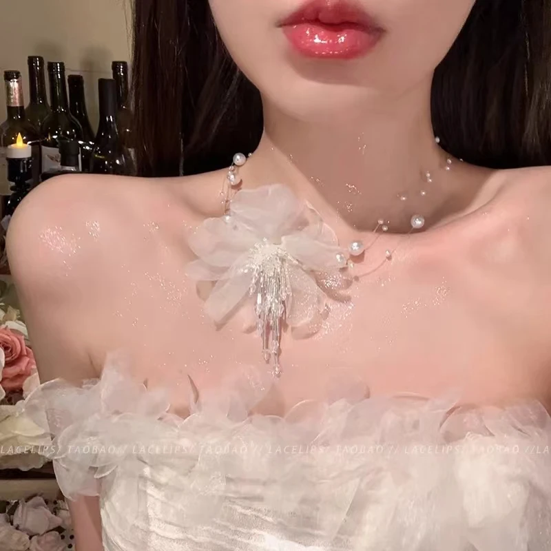 非金属仿珍珠项链 超仙精美花朵多层圆珠锁骨链仙气温柔淑女项链