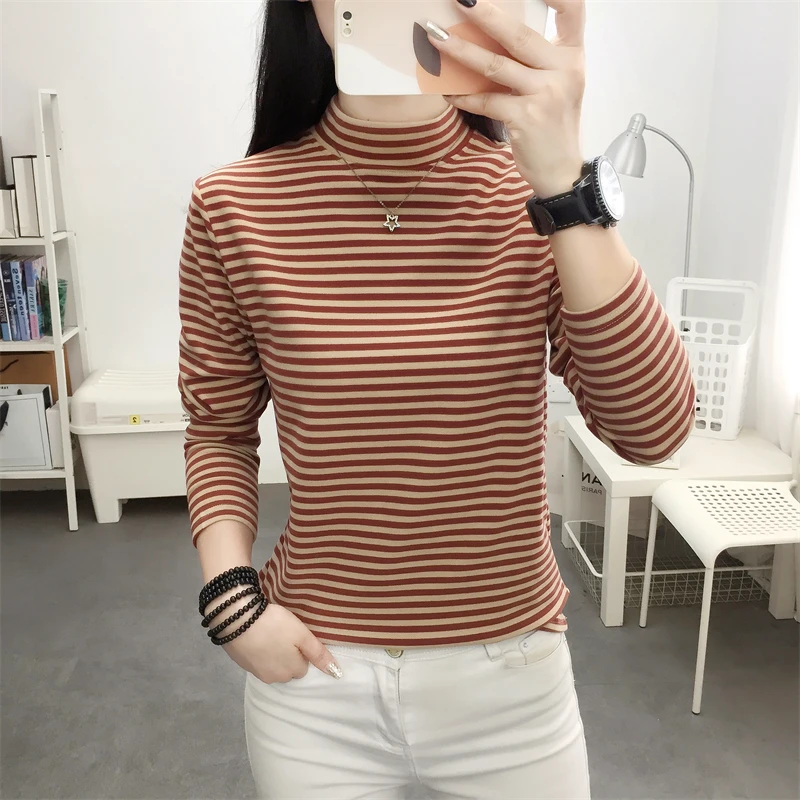 半高领德绒打底衫女长袖秋冬新款显瘦T恤女内搭保暖宽松大码上衣