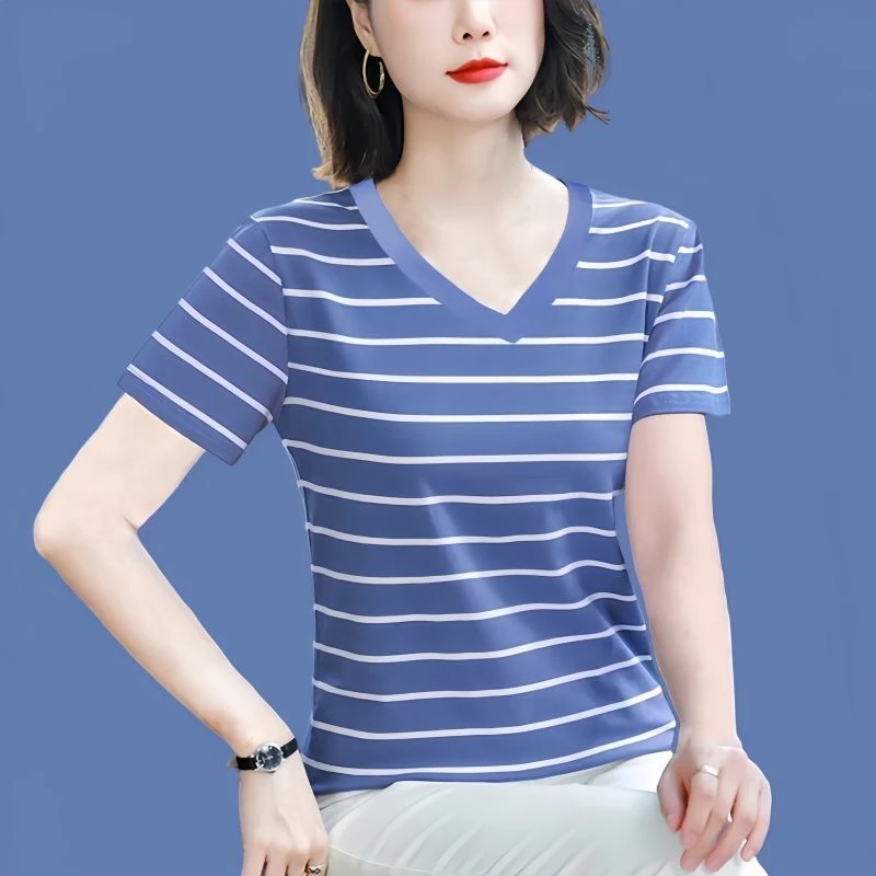 新款棉质蓝色条纹短袖T恤女夏半袖上衣大码女装正肩体恤宽松汗衫