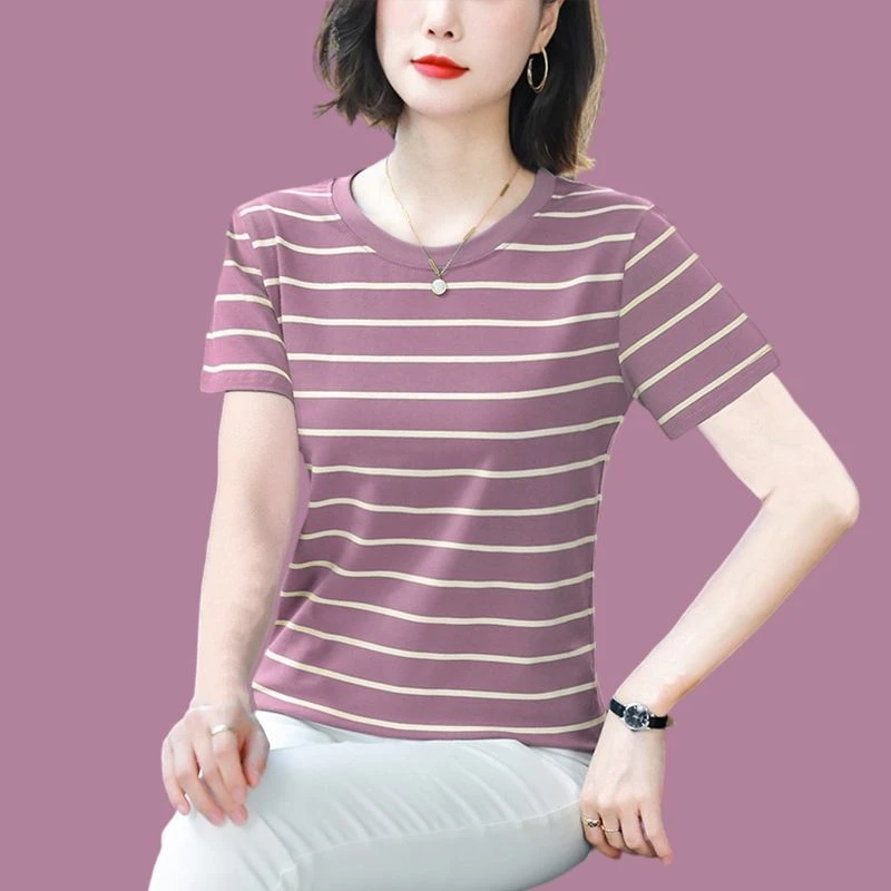2025新款夏季棉质短袖T恤女士上衣中年妈妈条纹圆领宽松洋气小衫