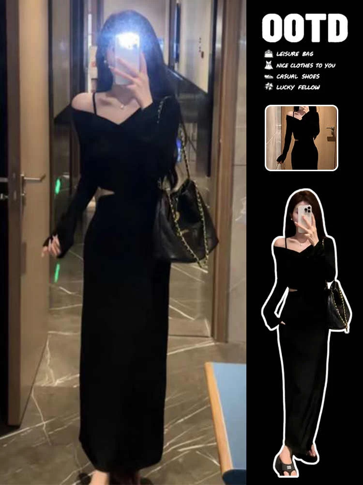 性感露腰长袖吊带连衣裙女春秋季穿搭气质收腰显瘦修身包臀长裙女