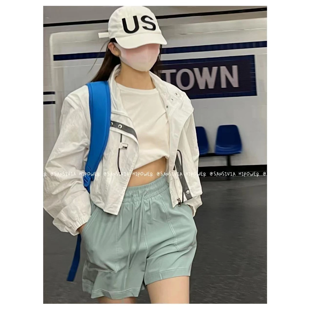 HIPOWER运动健身立领防晒拉链抽绳长袖宽松带垫肩短款外套女
