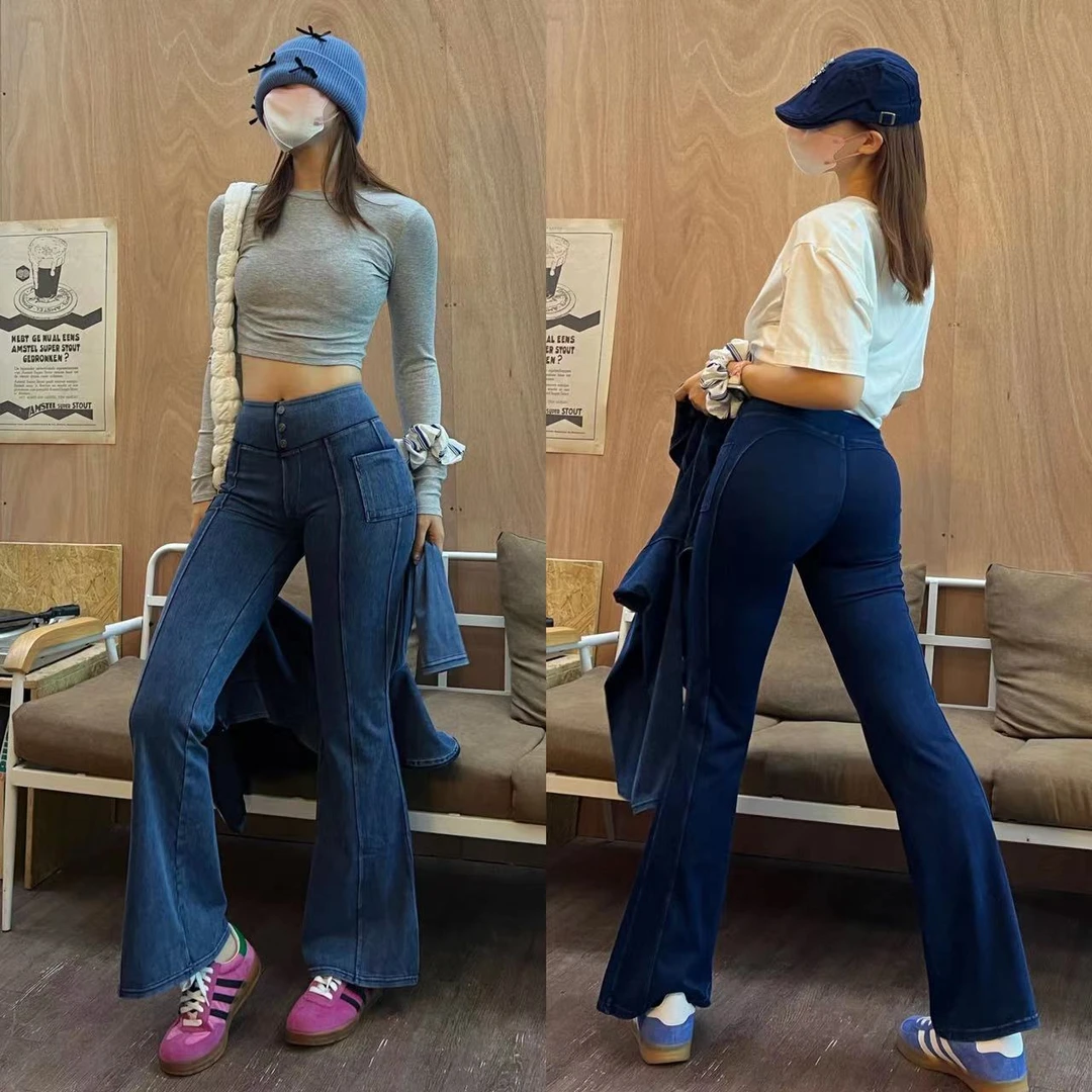 秋冬新款高腰牛仔瑜伽喇叭裤女高弹收腹提臀口袋运动健身休闲裤