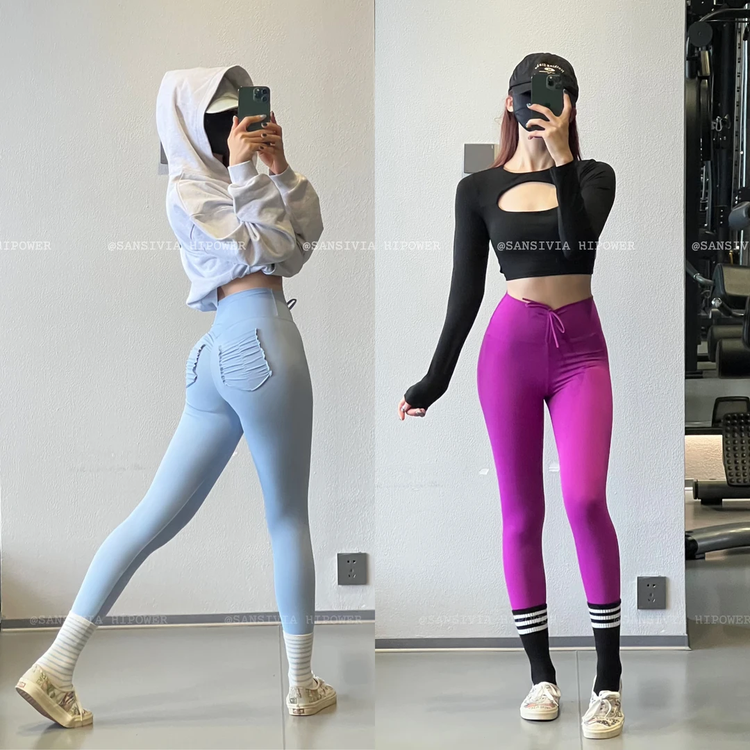 HIPOWER运动健身抽绳V腰磨毛紧身弹力提臀瑜伽口袋速干长裤子女