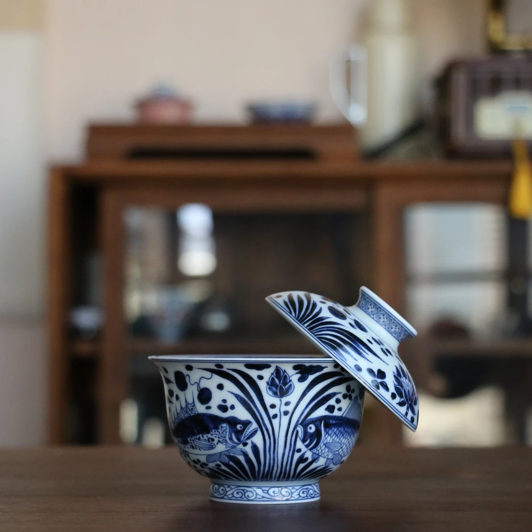 青花鱼藻元宝盖碗140cc