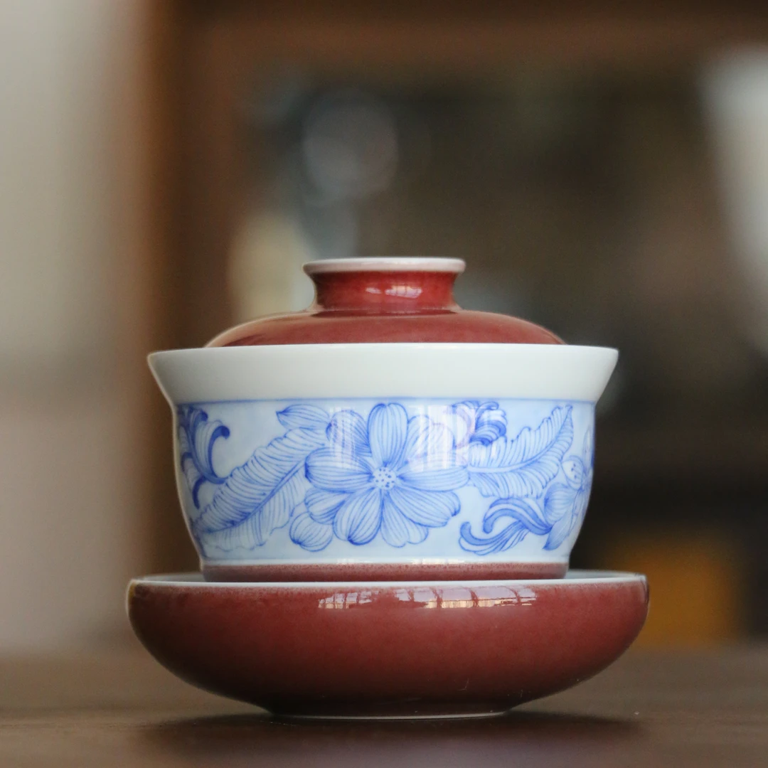 半斋-豇豆红青花转转盖碗90cc