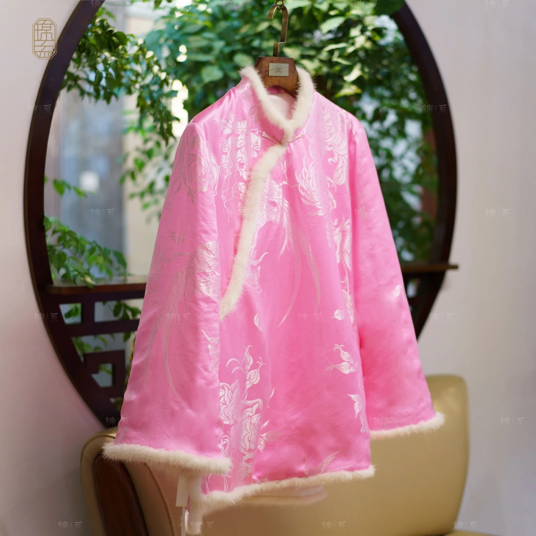 【锦系】真丝老缎拼水貂毛边新中式桑蚕丝加棉长袖外套E-382183