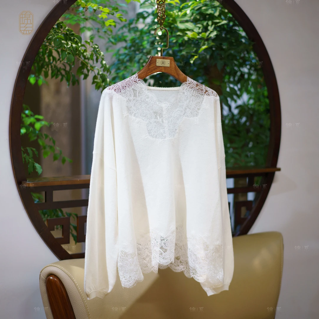 【锦系】羊绒拼蕾丝新中式国风长袖上衣C-34043RC