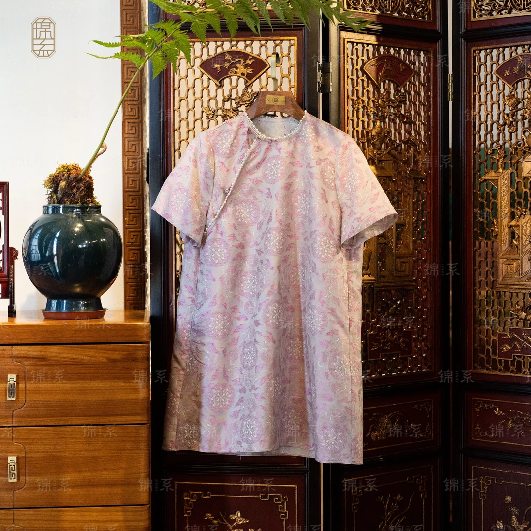 【锦系】手工罗新中式桑蚕丝圆领斜襟短袖连衣裙L-36714-S3149961