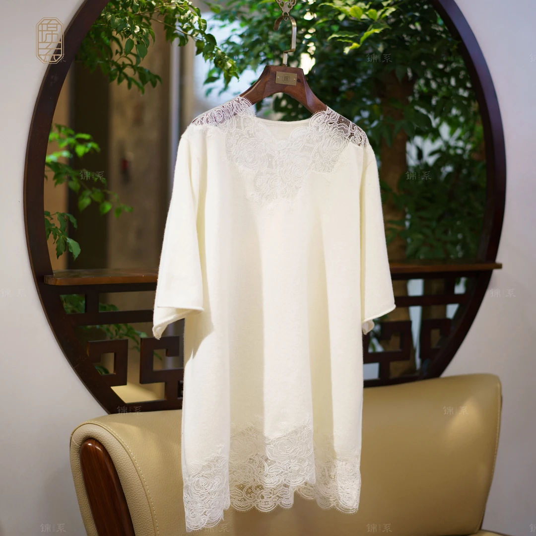 【锦系】羊绒拼蕾丝新中式国风短袖上衣-C34042RC