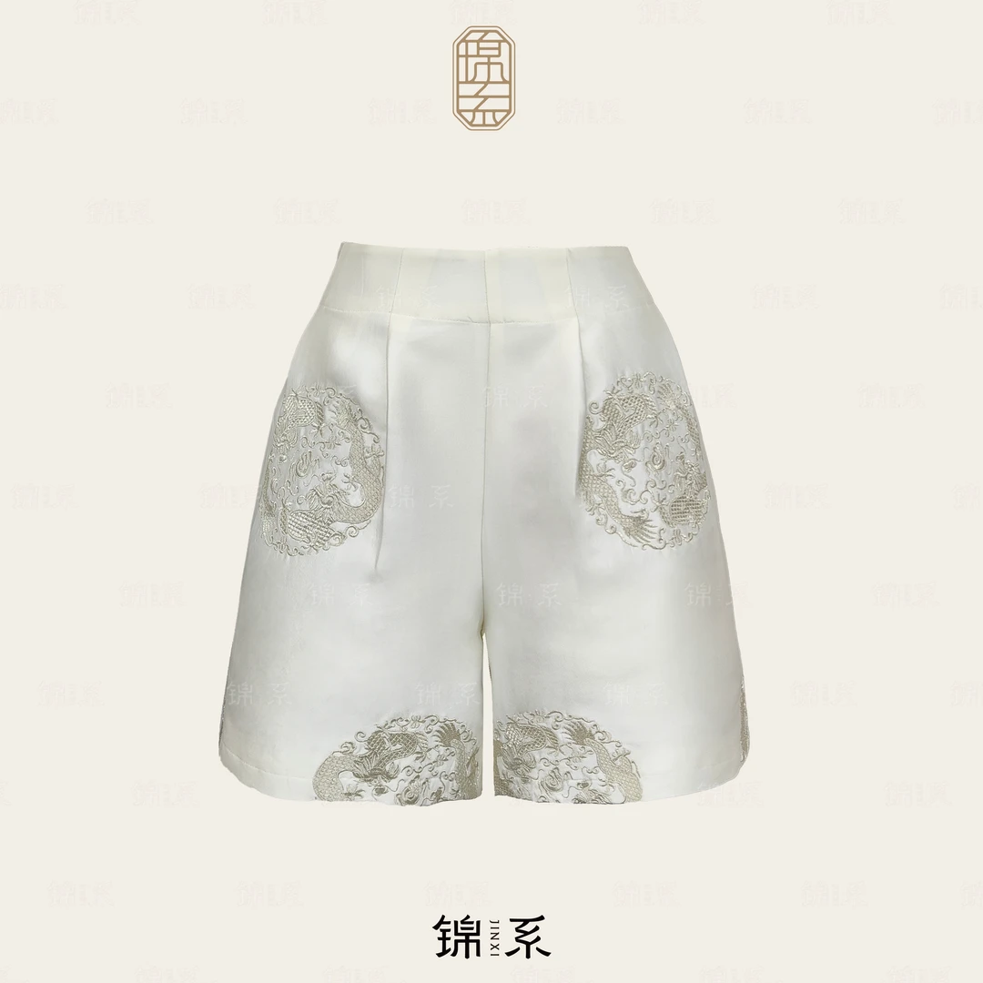【锦系】K-36138真丝新中式国风桑蚕丝绣花后松紧腰短裤S3149961