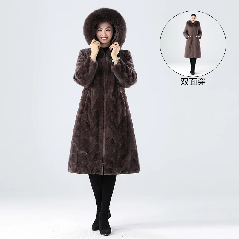 【艾雪娜迪】双面穿貂皮大衣女连帽款毛领可拆卸长款水貂皮草外套冬