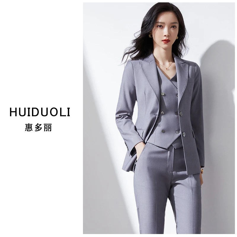 时尚马甲三件套灰色职业套装女枪驳领拱针长袖西服秋冬韩版小西装