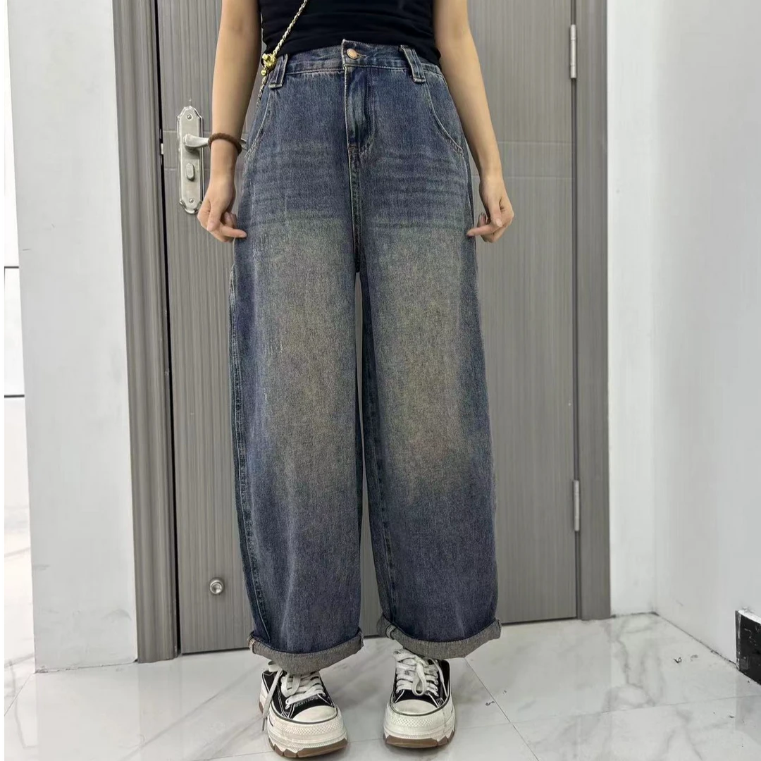 设计师9019爆款早秋水洗哈伦老爹裤高腰显瘦百搭软牛仔裤女大码