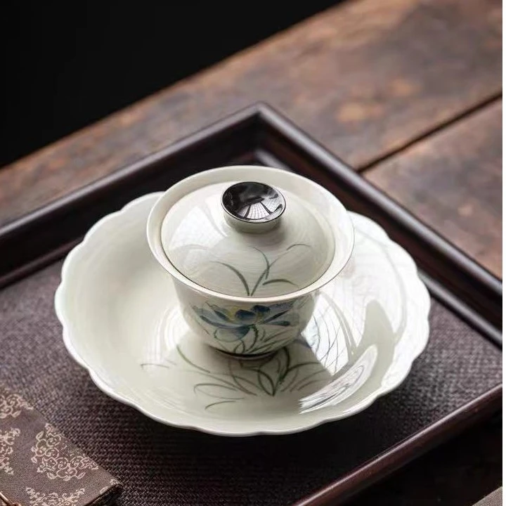 仿古草木灰手绘荷花三才盖碗家用陶瓷禅意复古功夫茶具单个泡茶碗