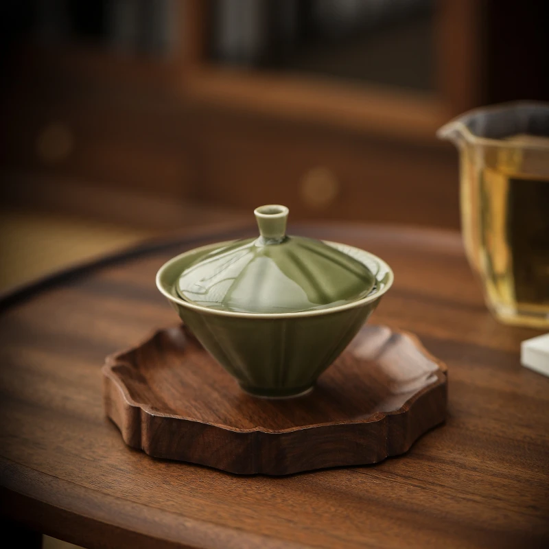 斗笠盖碗梅子青斗笠泡茶盖碗越窑青瓷手工复古中式两才茶碗景德镇