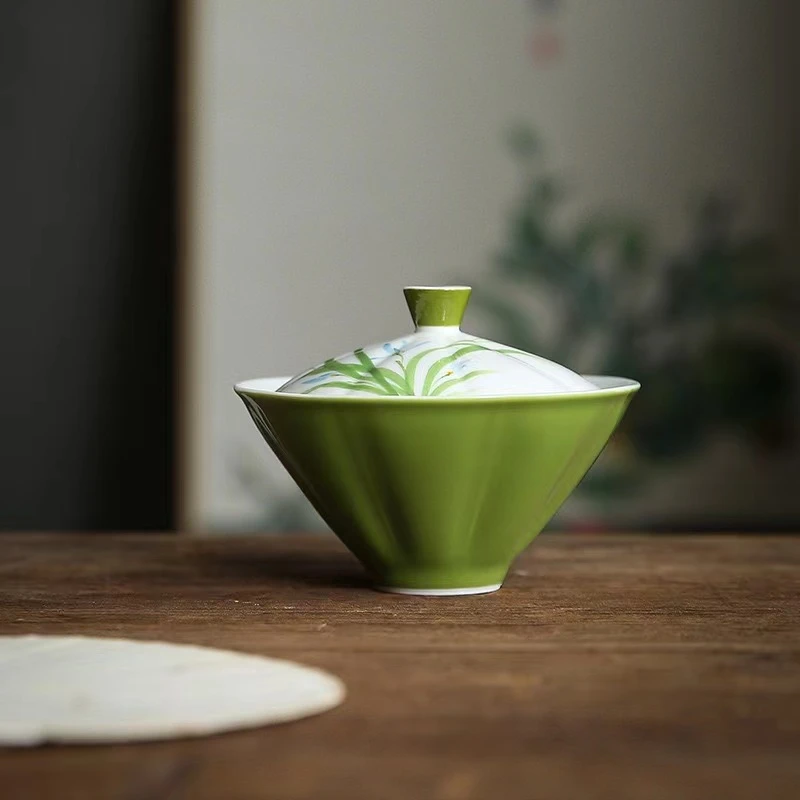 礼品装手绘盖碗中式泡茶碗仿古色釉陶瓷斗笠茶碗功夫茶具文人茶器