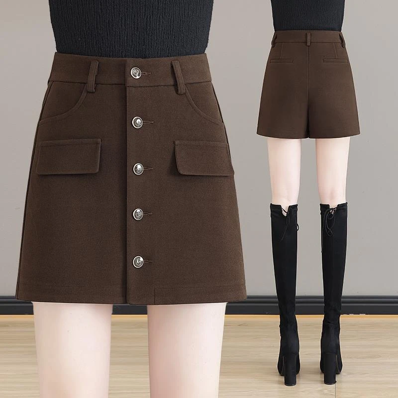 毛呢短裤女秋冬季2023新款高腰显瘦休闲a字假两件呢子短裙包臀裙