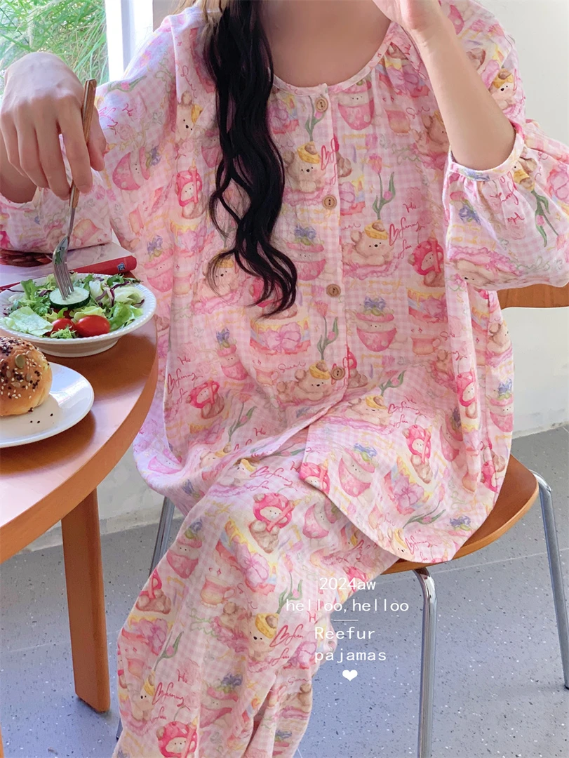 可爱生日小熊纯棉磨毛睡衣秋冬居家睡衣印花韩版甜美少女心ins风