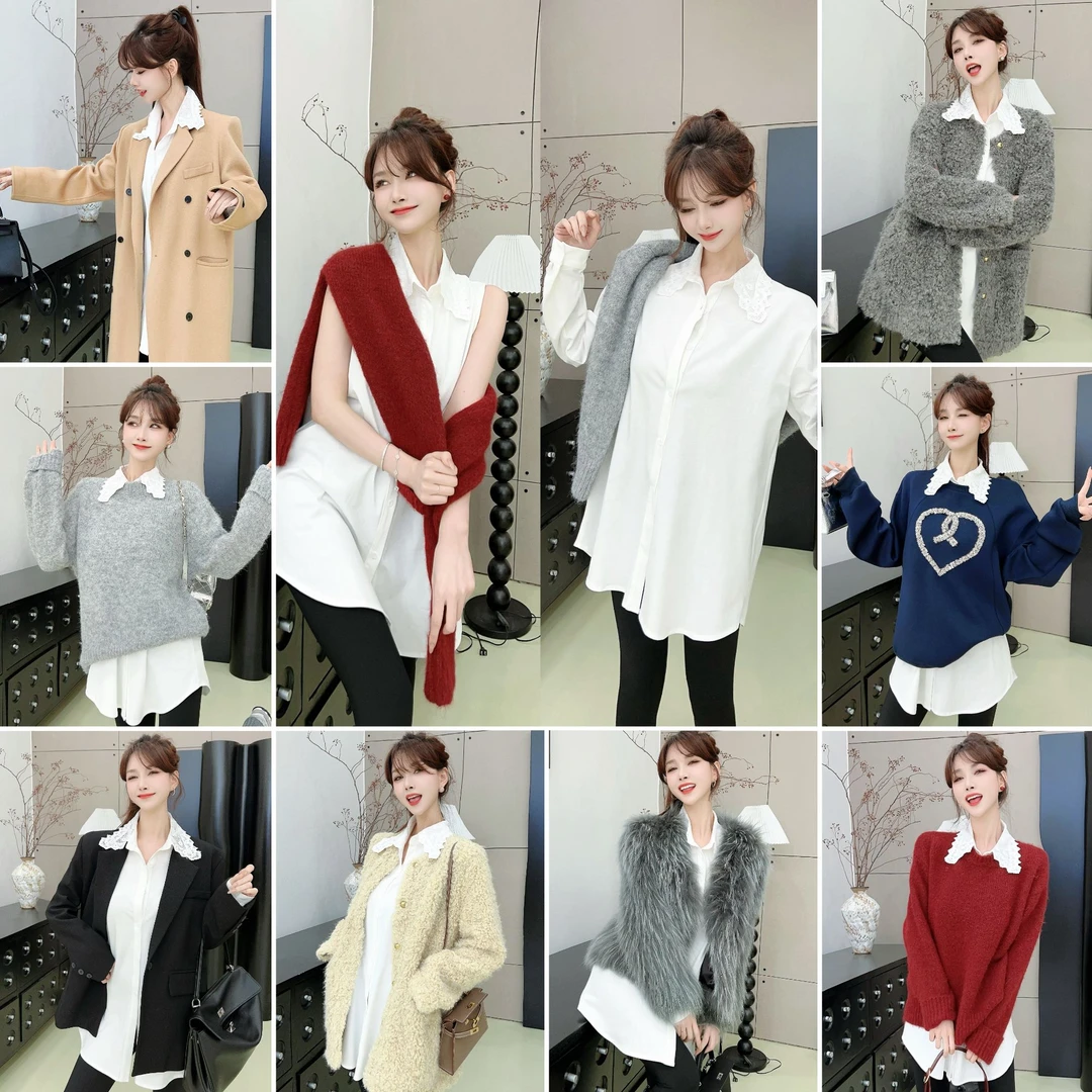 《叠穿神器》翻领蕾丝花边百搭衬衫 （衣长 76）（#8373）