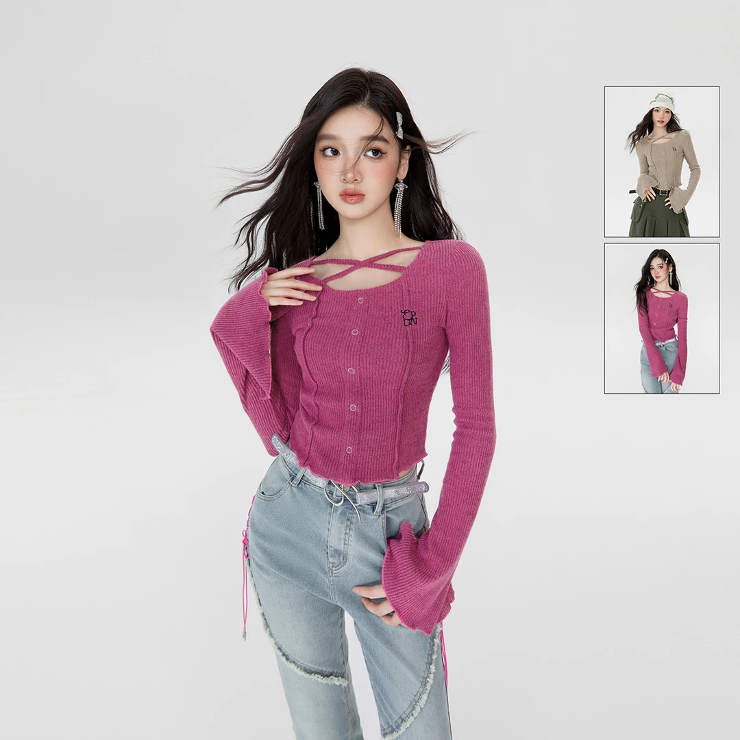 EPTISON早秋美式辣妹修身别致绒感设计纯欲小上衣DWO023