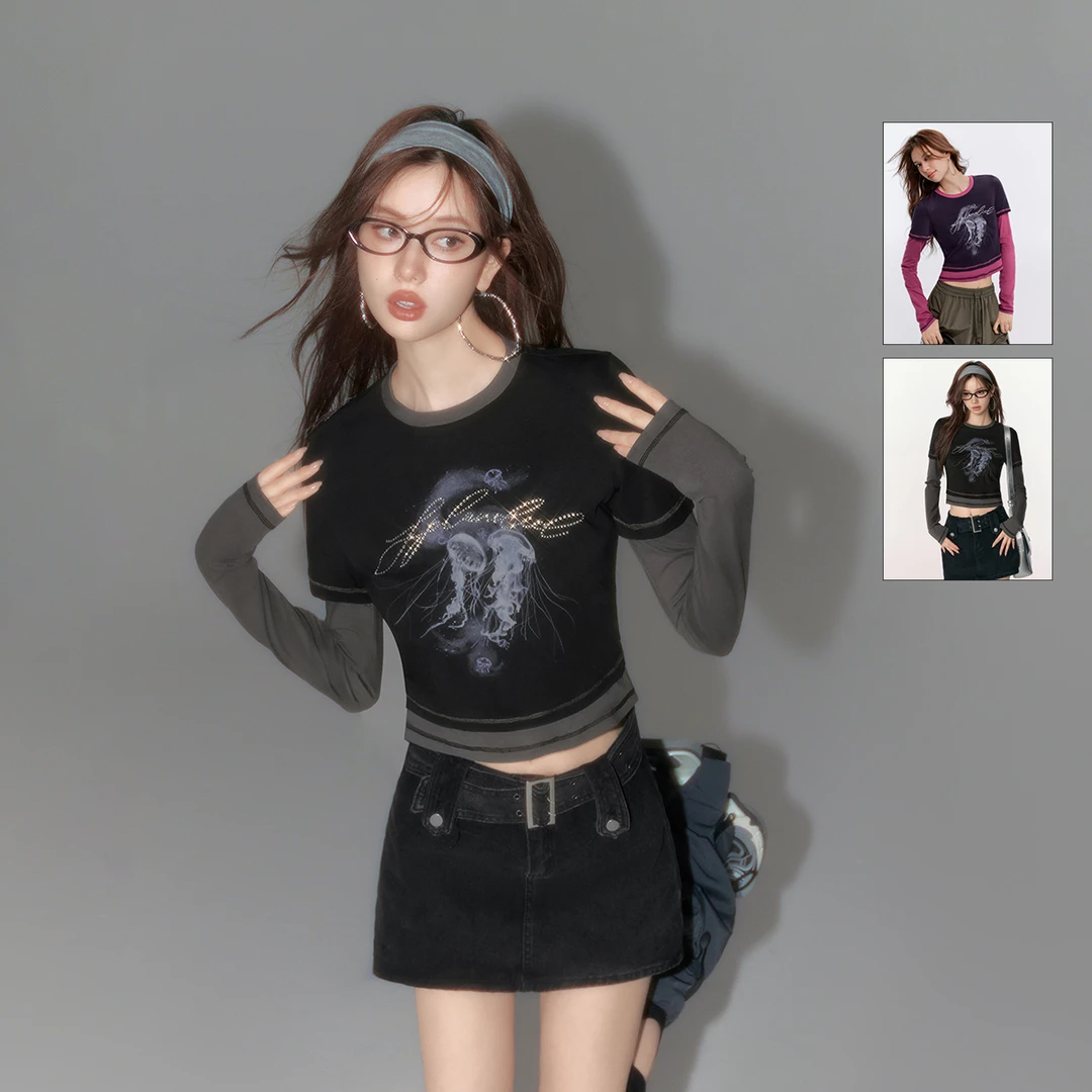 EPTISON撞色假两件短款长袖T恤EWT109