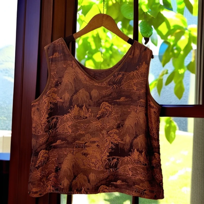 100新款高定双面山水提花背心通勤百搭印花