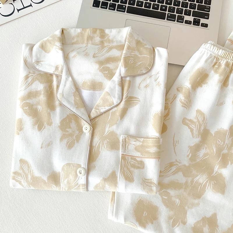 春秋季睡衣女士金蝴蝶韩版开衫简约长袖两件套装休闲家居服可外穿