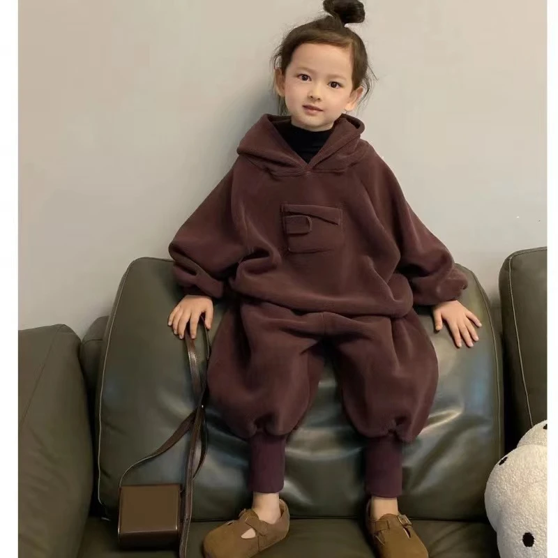 女童秋冬套装加绒加厚2023新款韩版洋气时尚儿童双面绒休闲两件套