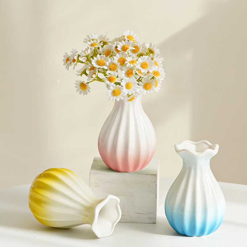 渐变粉色陶瓷花瓶鲜花专用欧式乐高积木水养插干花器摆件特价清仓