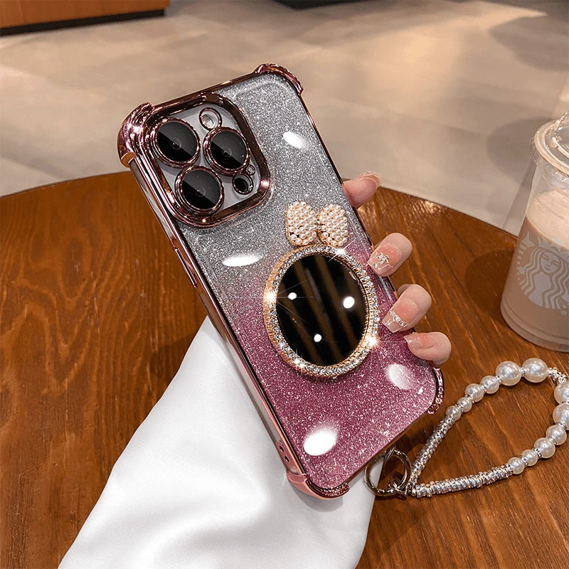 高颜值奢华适用苹果15promax手机壳镜头膜14挂绳补妆镜13防摔12女