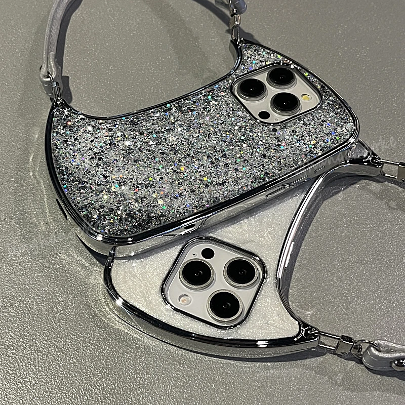 高档闪粉水墨滴胶手提包适用iPhone15Promax苹果13手机壳14新款12