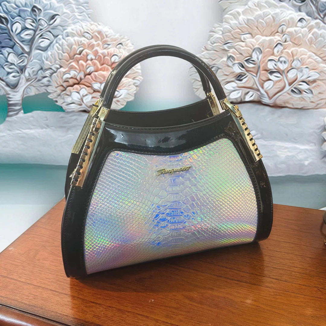 KIBEASS新款高光高档鳄鱼纹手提包贵气手工大气轻奢压纹银色0011