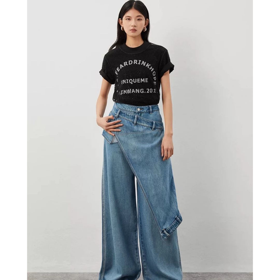 搭片垂感宽松显瘦蓝色设计感阔腿牛仔裤女2024新款