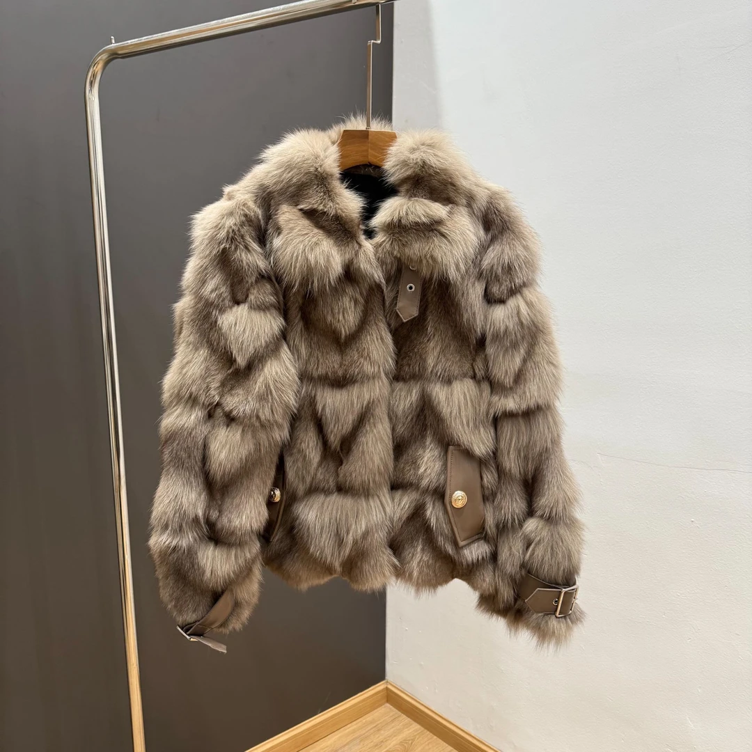 H2-2025机车风狐狸毛皮草外套爆款新款秋冬中长款狐狸毛外套女