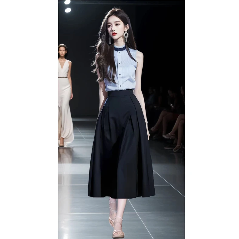 韩系法式一整套无袖上衣女半裙2024夏天新款休闲职业通勤上班女